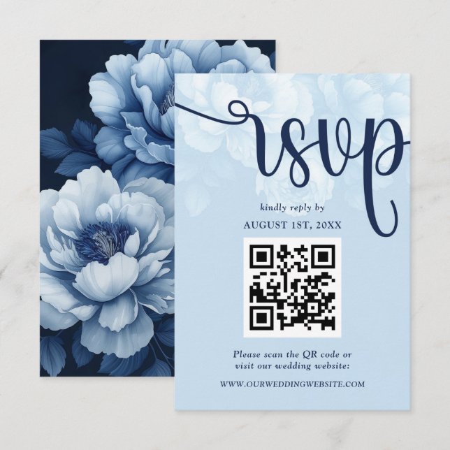 Cartons Réponse Elégante Marine Blue Floral Peony (Devant / Derrière)