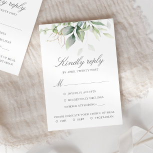 Cartons Réponse Élégantes feuilles d'eucalyptus verdure or mariage
