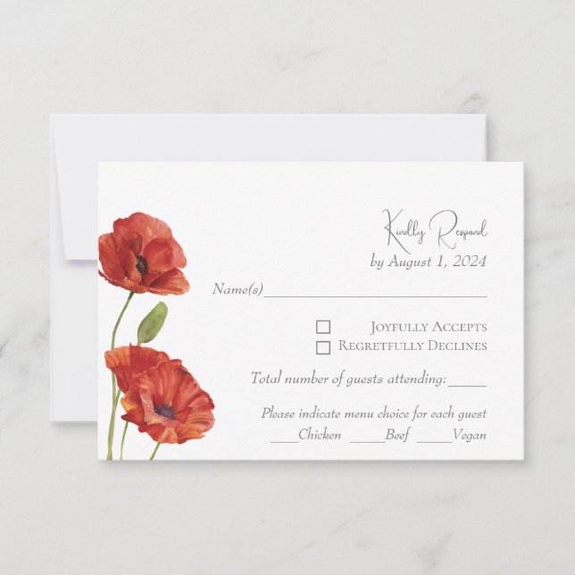 Cartons Réponse Élégantes Fleurs de Pavot Rouge Aquarelle Mariage  (Devant)