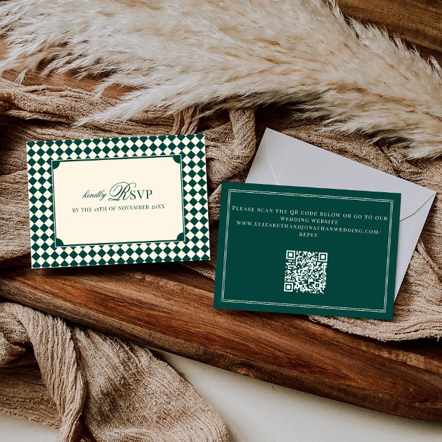 Cartons Réponse Emerald Green Checkered Old Money QR Code Wedding (Créateur téléchargé)