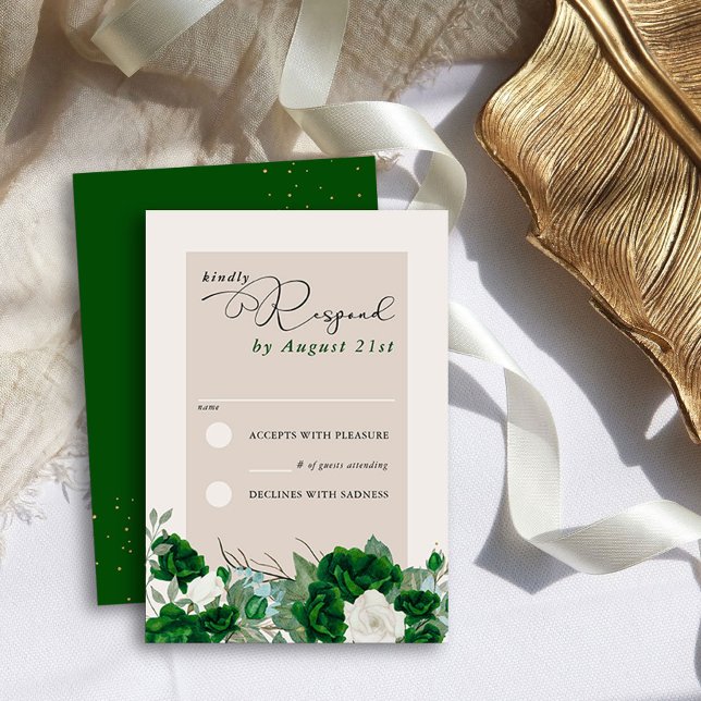 Cartons Réponse Emerald Green et ivoire Rose Élégant floral (RSVP Cards from the Royal Rose Emerald Green Quinceanera Collection by Darling & May)