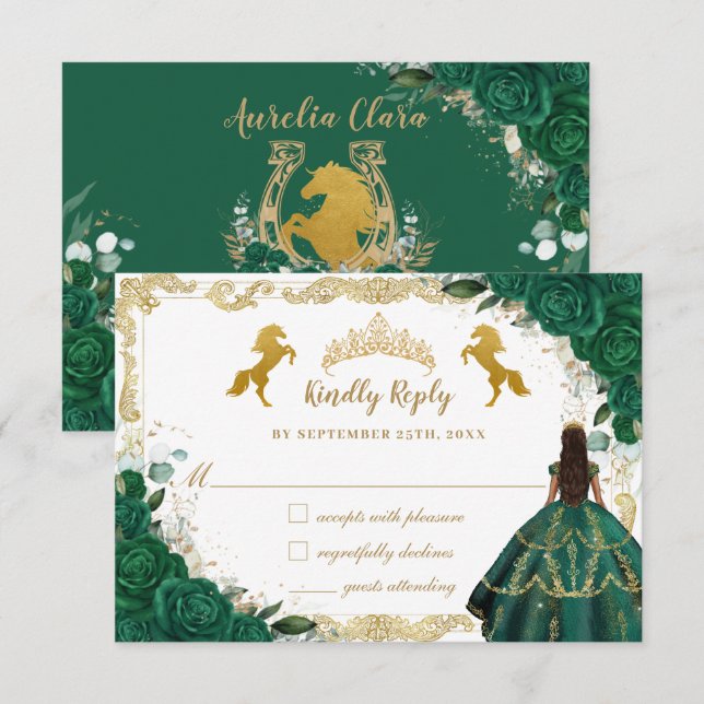 Cartons Réponse Emerald Green Floral Quinceañera Charro Gold Horse (Devant / Derrière)