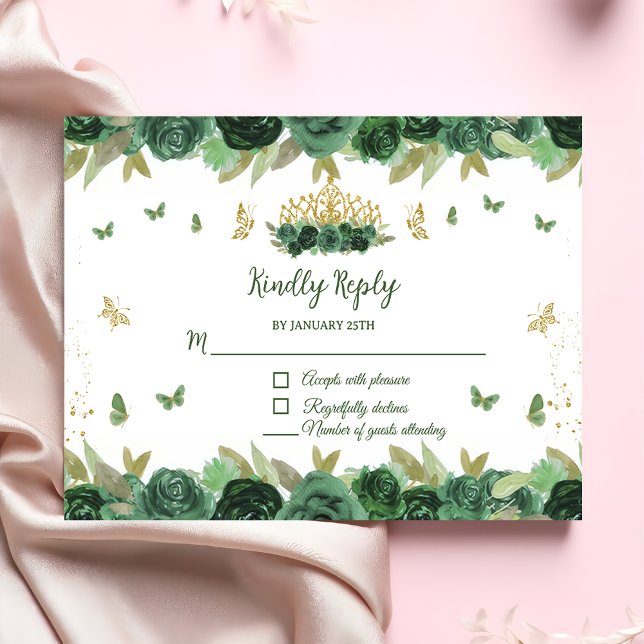 Cartons Réponse Emerald Green Floral Tiara + Butterfly Quinceanera (Créateur téléchargé)