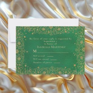 Cartons Réponse Emerald Green Gold Line Art Floral Quinceañera