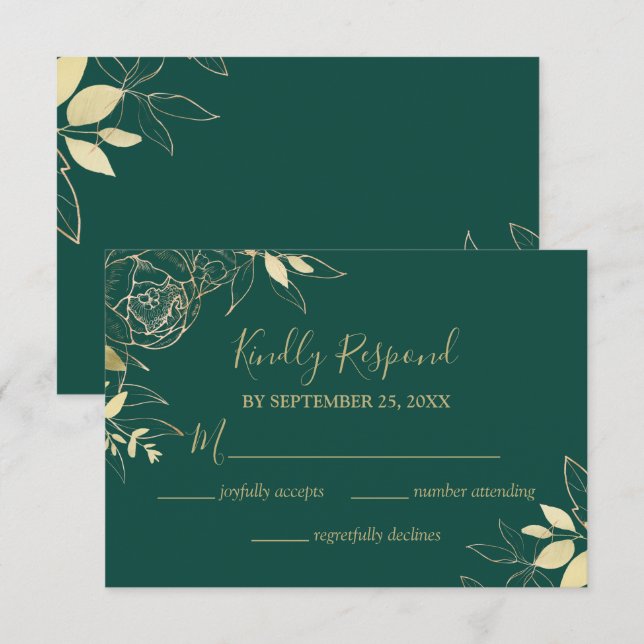 Cartons Réponse Emerald Green & Gold Peony Moderne Floral Mariage (Devant / Derrière)