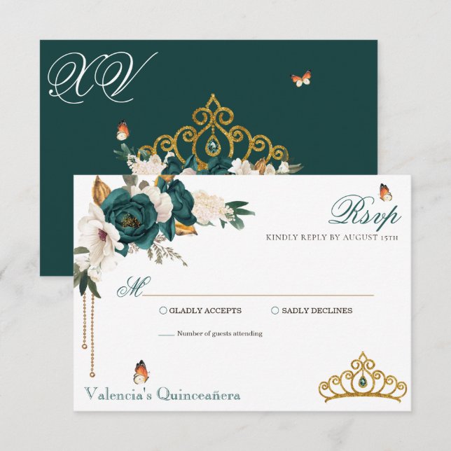 Cartons Réponse Emerald Green Rose Gold Tiara Quinceanera (Devant / Derrière)