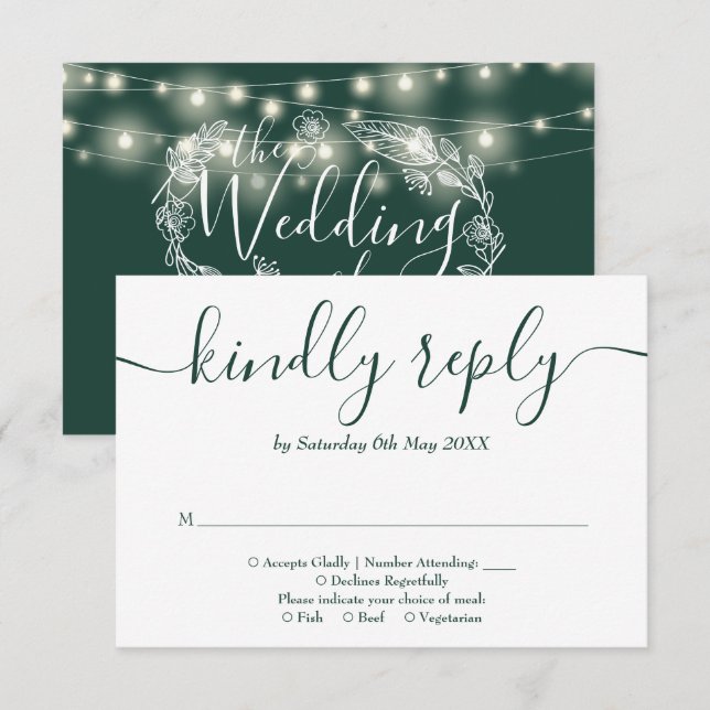 Cartons Réponse Emerald Green String éclaire le Mariage floral (Devant / Derrière)