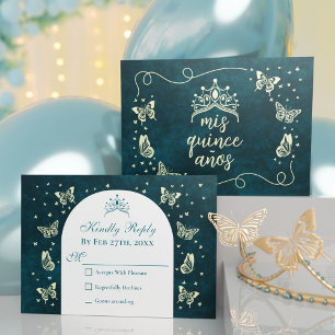 Cartons Réponse Emerald Green Tiara Butterflies Quinceañera