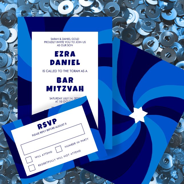 Cartons Réponse Étoile de tournage moderne de David Bat mitzvah de (Modern Swirl Star of David Custom Bar Bat Mitzvah RSVP Card
)