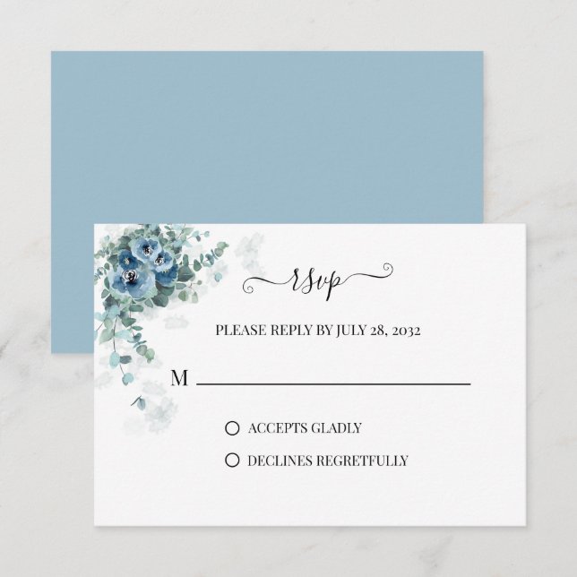 Cartons Réponse Eucalyptus bleu Duché Floral 2 Mariage (Devant / Derrière)