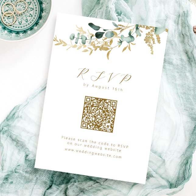 Cartons Réponse Eucalyptus or vert boho code QR mariage (Eucalyptus gold greenery boho QR code wedding RSVP Card)