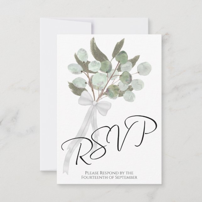 Cartons Réponse Eucalyptus rustique & Bouquet Vert Mariage chic (Devant)