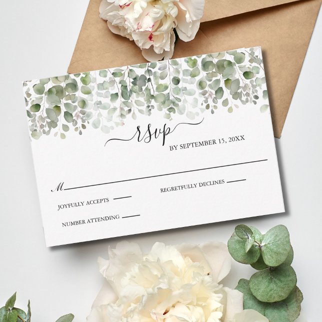 Cartons Réponse Eucalyptus Verdure Mariage formel élégant (Elegant Eucalyptus Wedding RSVP card, Traditional Classic and Formal. )