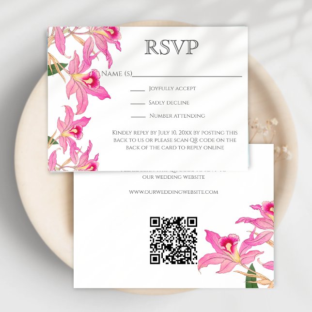 Cartons Réponse Exotic Pink Orchid Flowers Mariage QR Code Site We (Créateur téléchargé)