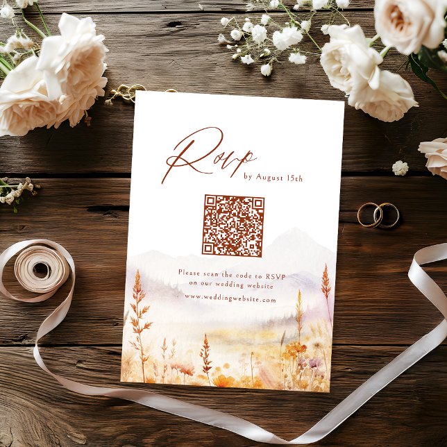 Cartons Réponse Fall Wildflower Mountain Rustic Wedding QR code (Fall Wildflower Mountain Rustic Wedding QR code RSVP Card)