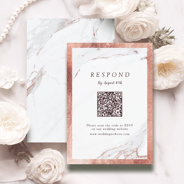 Cartons Réponse Faux rose or marbre luxe moderne code QR (Faux rose gold marble luxury modern QR code RSVP Card)