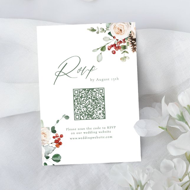 Cartons Réponse Festive Floral Holiday Winter Wedding QR code (Festive Floral Holiday Winter Wedding QR code RSVP Card)
