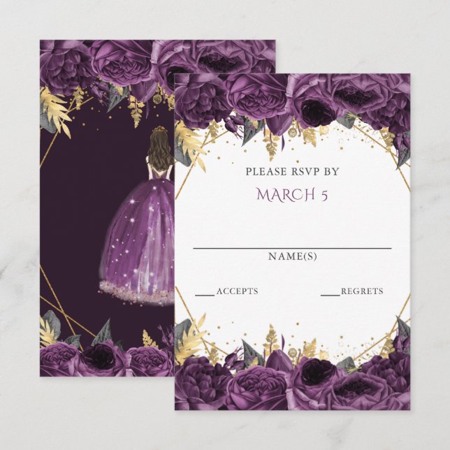 Cartons Réponse Fête de Quinceanera Princesse Fleurie Or Violet (Devant / Derrière)