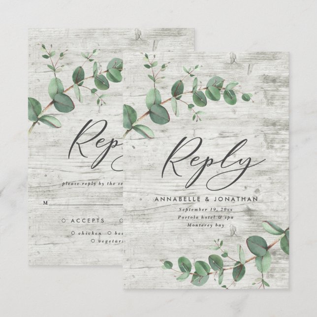 Cartons Réponse feuillage vert eucalyptus mariage en bois blanc RS (Devant / Derrière)