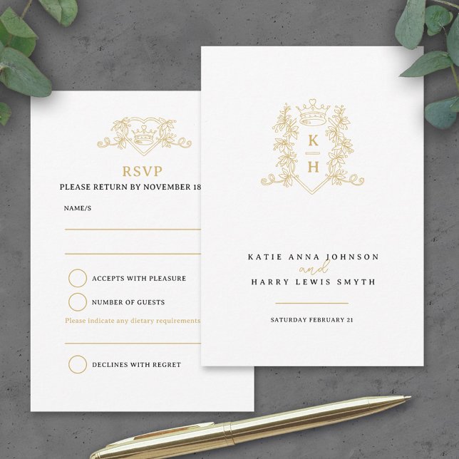 Cartons Réponse Feuille de la Couronne monogramme mariage or blanc (Créateur téléchargé)