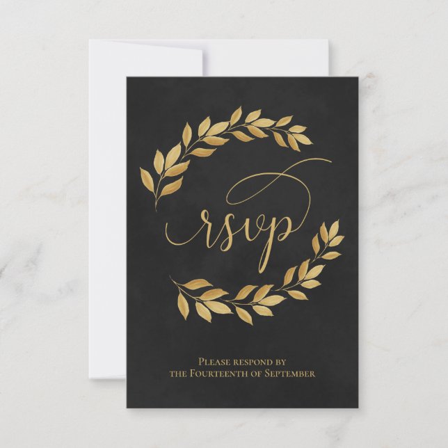 Cartons Réponse Feuilles Golden Laurel sur Black Elegant Wedding (Devant)