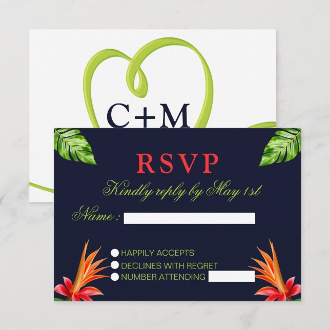 Cartons Réponse Feuilles tropicaux et fleurs Mariage rétro (Devant / Derrière)