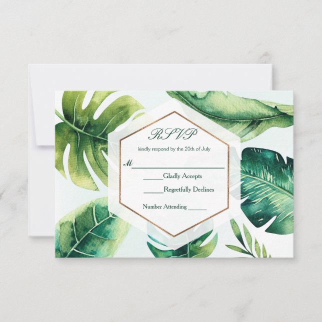 Cartons Réponse Feuilles tropicaux verts Blanc Élégant Mariage RSV (Devant)