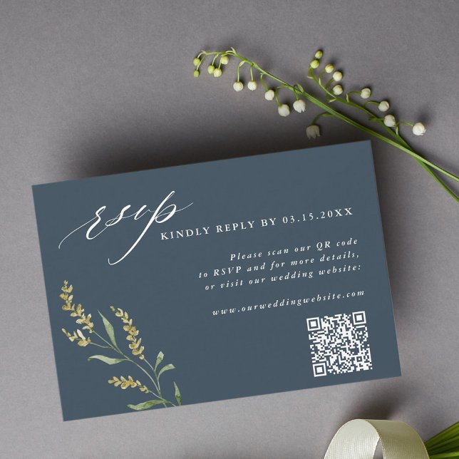 Cartons Réponse Fleur sauvage bleu marine Mariage élégant Code QR (Créateur téléchargé)