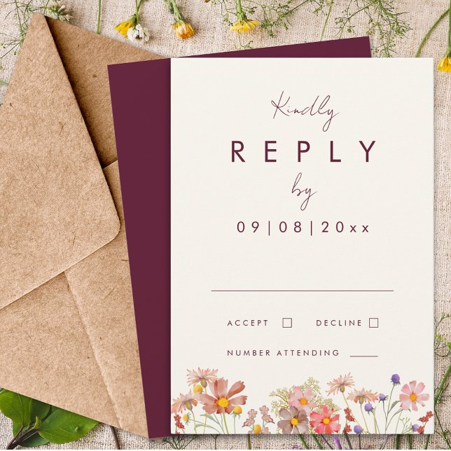 Cartons Réponse Fleur sauvage Burgundy Terracotta Mariage de autom (Wildflower boho burgundy terracotta fall wedding invitation reply enclosure card whimsical script)