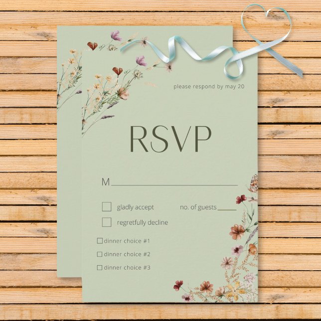Cartons Réponse Fleur sauvage moderne Sage vert Mariage (Modern Sage Green Wildflower Bouquet Wedding Response Card)