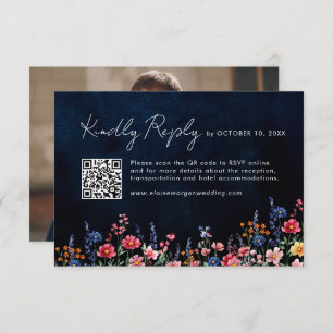 Cartons Réponse Fleur sauvage Rustique Pays Boho Navy QR Code Phot