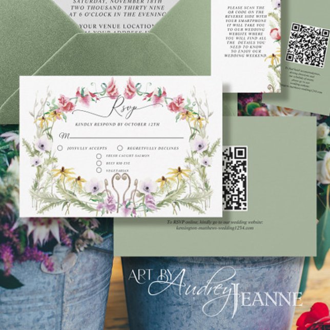 Cartons Réponse Fleur sauvage Spring Wreath Moderne Floral QR code (Créateur téléchargé)