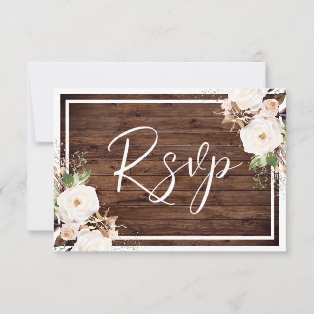 Cartons Réponse Fleurs blanches et bleues Mariage en bois rustique (Devant)