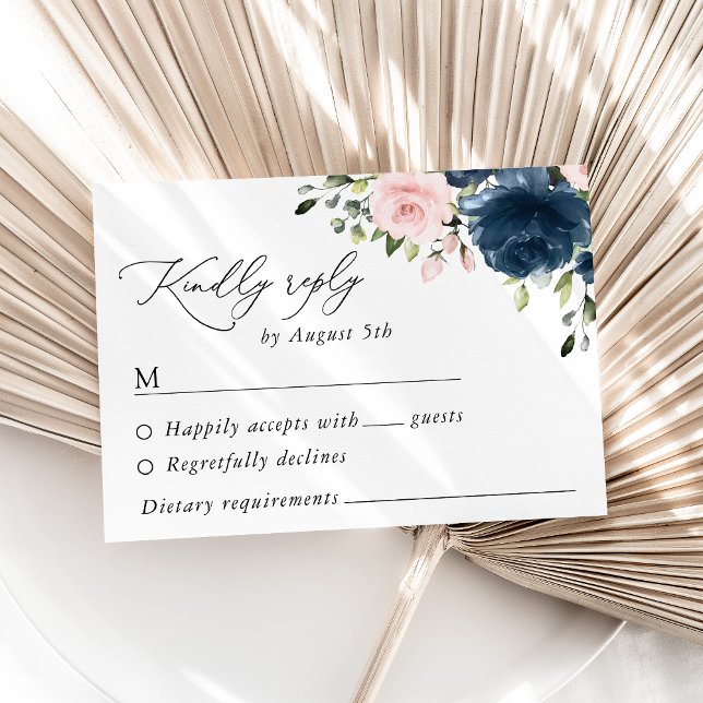 Cartons Réponse Fleurs Bleues Marine, Fleurs Roses, Mariage Floral (Créateur téléchargé)