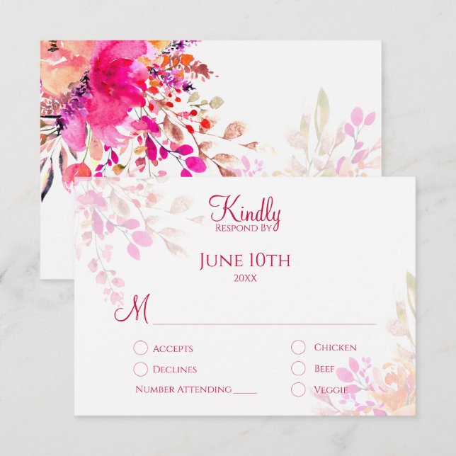 Cartons Réponse Fleurs d'aquarelle rose et orange Mariage élégant (Devant / Derrière)