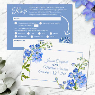 Cartons Réponse Fleurs de delphinium bleu aquarelle mariage QR cod