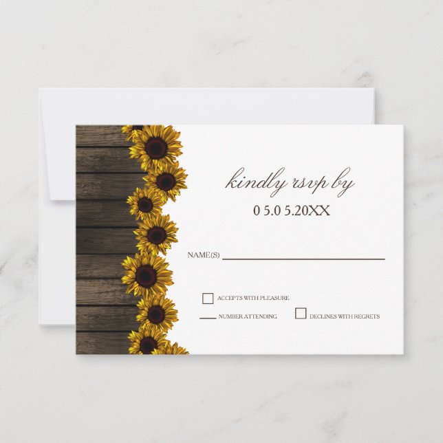 Cartons Réponse Fleurs de soleil rustique Pays Grange Bois Mariage (Devant)