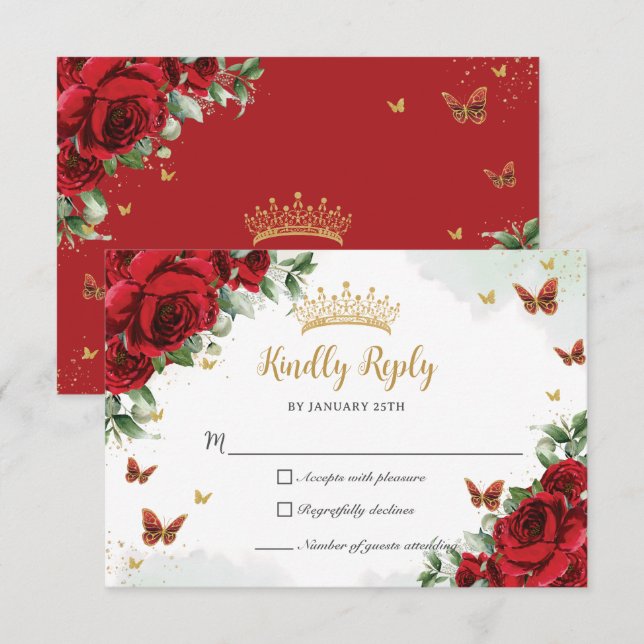 Cartons Réponse Fleurs florales rouges Papillons Gold Quinceañera (Devant / Derrière)