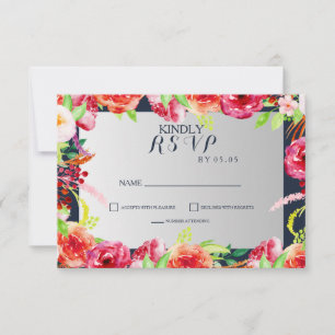 Cartons Réponse fleurs marine et argent mariage d'aquarelle