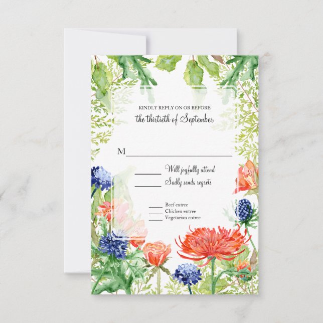 Cartons Réponse Fleurs modernes Aquarelle Corail Bleu Foliage Vert (Devant)