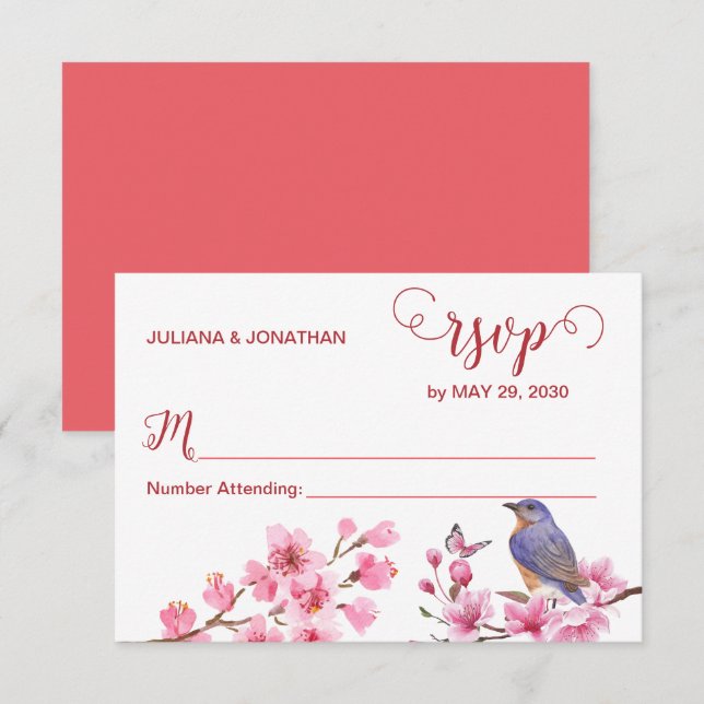 Cartons Réponse Fleurs roses Aquarelle Mariage féminine (Devant / Derrière)