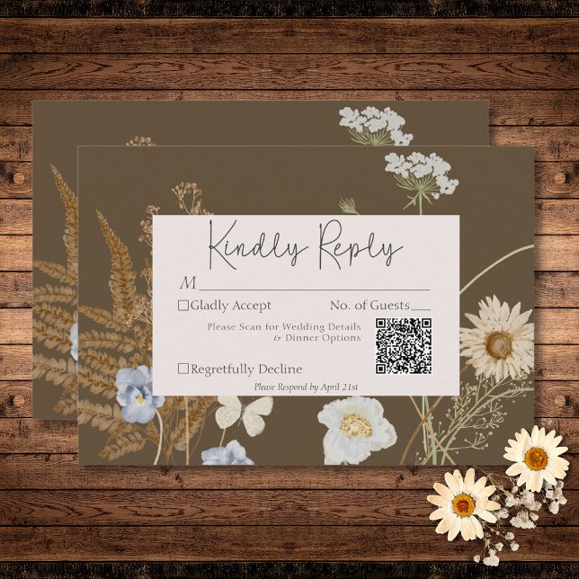 Cartons Réponse Fleurs sauvages sur le code QR Mariage Brown (Wildflowers on Brown Wedding QR Code RSVP Card)