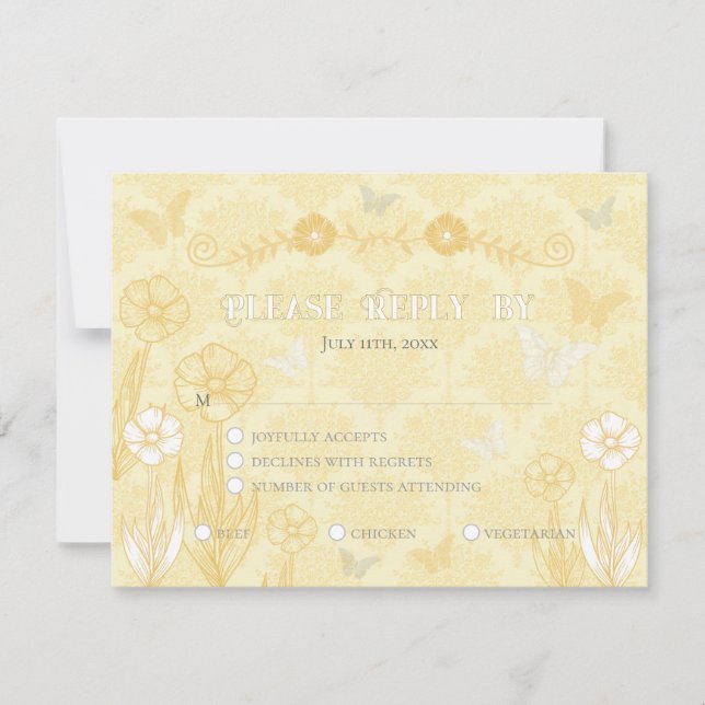 Cartons Réponse Floral blanc jaune et papillons Mariage (Devant)