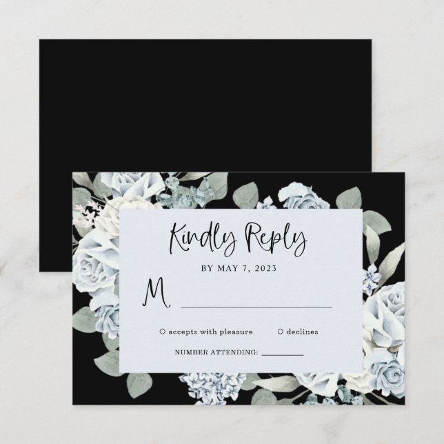 Cartons Réponse Floral bleu noir et poussiéreux | Mariage aquarell (Devant / Derrière)