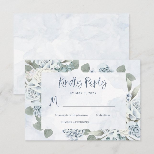 Cartons Réponse Floral bleu rustique | Mariage aquarelle (Devant / Derrière)