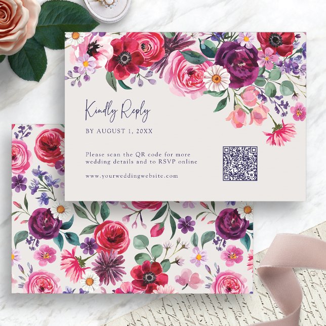 Cartons Réponse Floral coloré (Elegant Colorful Watercolor Floral RSVP Card with QR Code by Painted Paperie
)