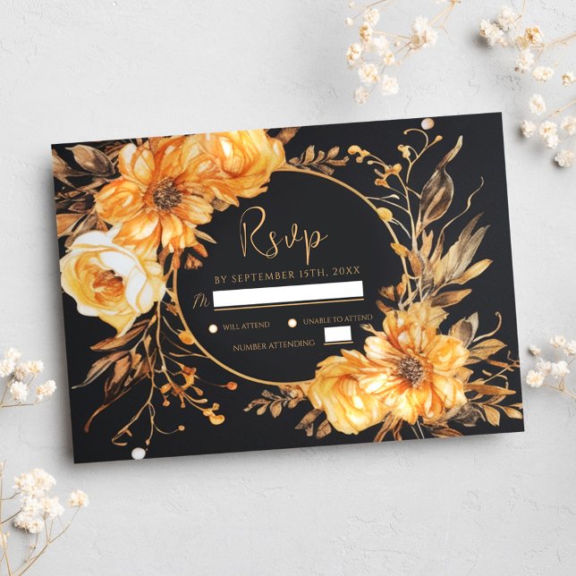 Cartons Réponse Floral Elegant Mariage de automne noir (Floral Elegant Black Fall Wedding RSVP Card)