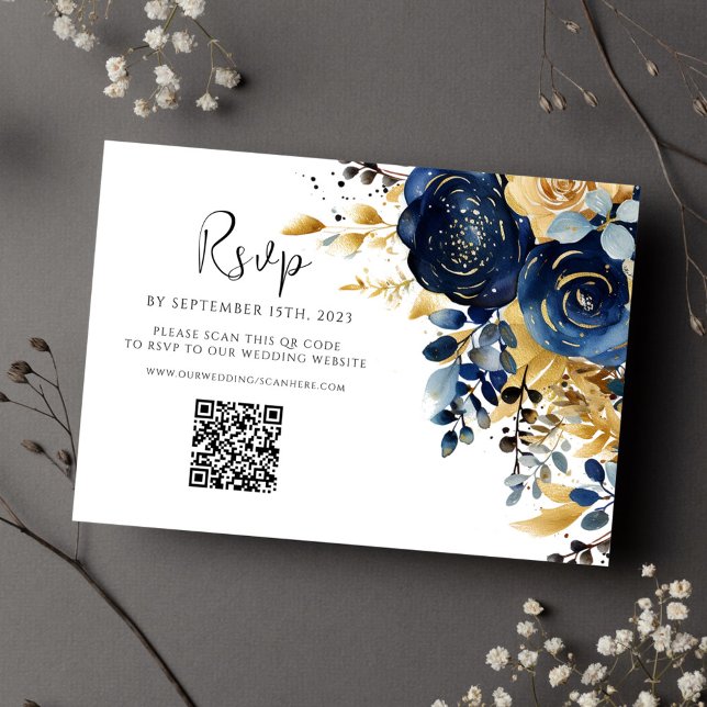 Cartons Réponse Floral Navy Blue Gold QR Code Mariage (Floral Navy Blue Gold QR Code Wedding RSVP Card)