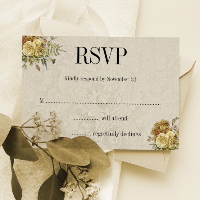Cartons Réponse Floral or et crème Damask Boho Mariage (Créateur téléchargé)