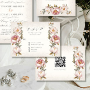 Cartons Réponse Floral Pink Peony Elegant Spring QR code Mariage